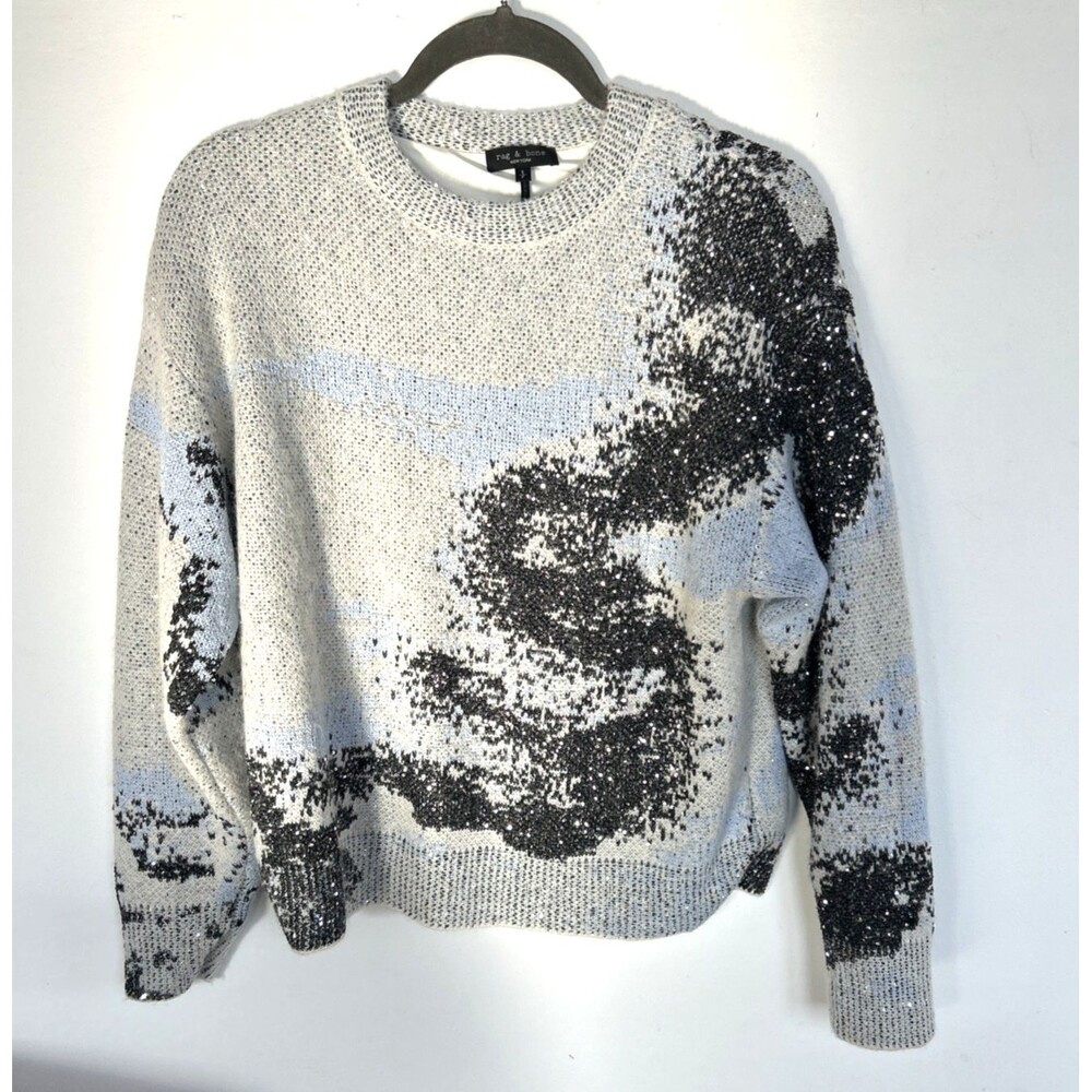rag & bone Estelle Sequin Abstract Knit Sweater Gray Blue Black Wool Blend S/P